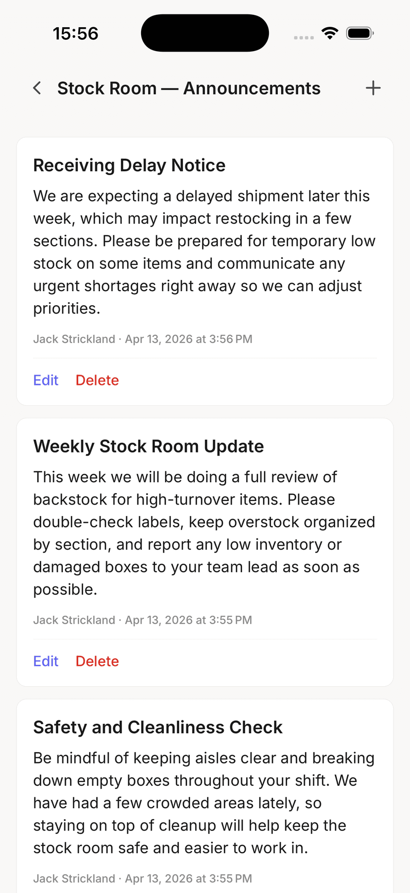 Availy manager announcements screen with edit and delete controls